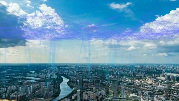 夏季白天的空中延时城市景观带有未来主义元素的电信智能城市概念莫斯科夏季鸟瞰图
