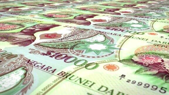 文莱达鲁萨兰国银行的千林吉特或文莱元钞票在屏幕上滚动世界硬币现金钱循环