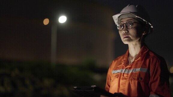 亚洲女工程师晚上在炼油厂工作