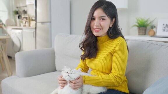 美丽的女人的肖像抱着小猫与幸福在家里有吸引力的女性坐在沙发上花闲暇时间与她的宠物动物在客厅和看着相机在房子