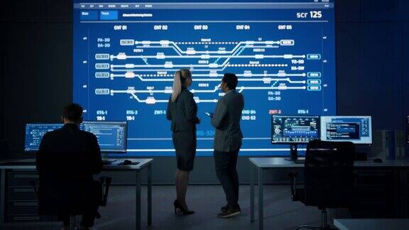 项目经理和计算机科学工程师在使用大屏幕显示基础设施信息图和数据时交谈电信公司系统控制监控室缩小