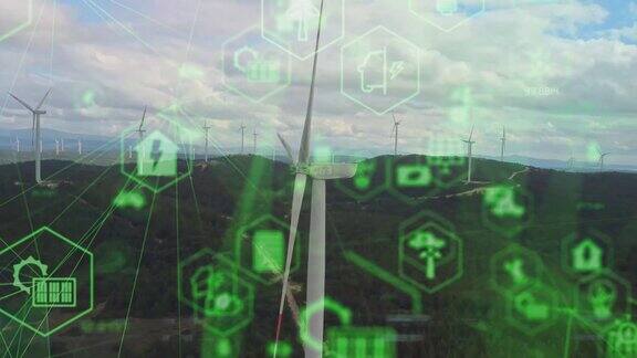 风车鸟瞰图与数字生成全息显示技术数据可视化风力发电机组产生清洁可再生能源以绿色生态方式实现可持续发展