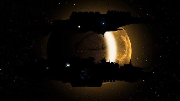 闪烁着不明飞行物灯光的宇宙飞船在太空中飞行背景是一个巨大的黄色月亮在星空中形成的月全食未来的4k3d超高清视频动画