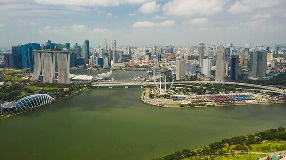 新加坡城市晴天飞行滨海湾空中全景4k时间推移