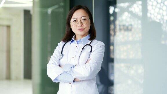 穿着白大褂戴着眼镜的严肃的亚洲女医生在现代医院诊所里看着相机的肖像