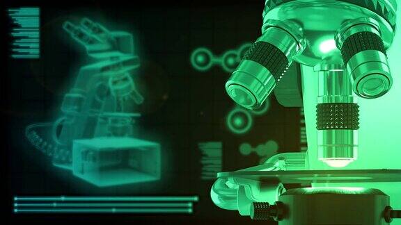 科学的医疗保健理念电子显微镜在深绿色x射线创意背景下4K60fps超高清3D动画