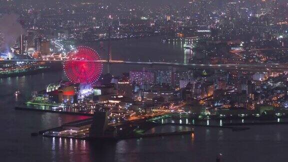 4K延时:大阪湾在美丽的夜晚与游乐园在美丽的日本缩小