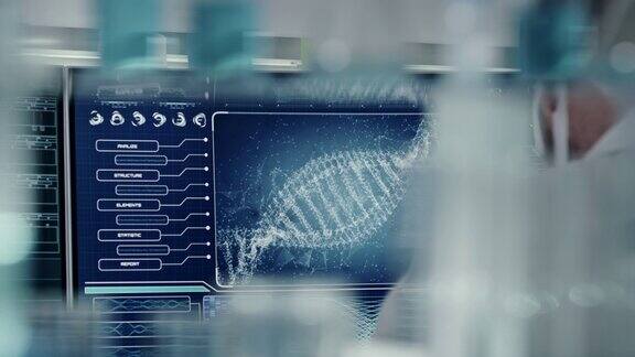 未来的实验室设备科学家在DNA研究期间的后视图DNA螺旋变成粒子