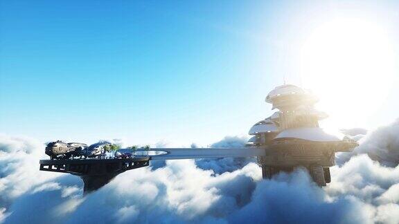 未来的城市站在云端未来的飞行船未来现实的4k的动画