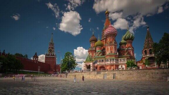 夏日莫斯科城圣巴西尔大教堂背面全景4k时间流逝俄罗斯