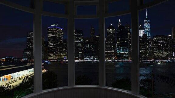 纽约城市景观夜晚时间流逝窗口全景城市景观曼哈顿