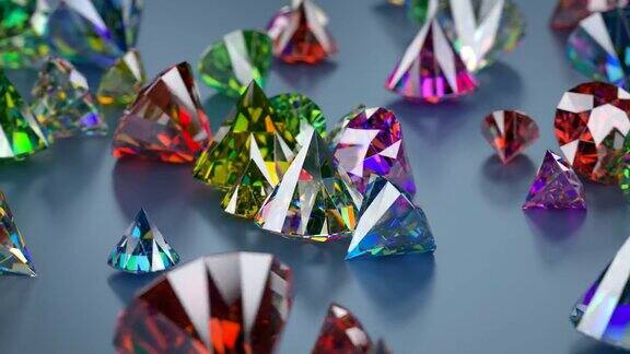彩色闪亮的切割钻石3D渲染无缝循环动画