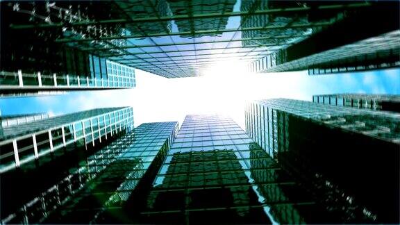镜头在摩天大楼间转动看着太阳循环动画