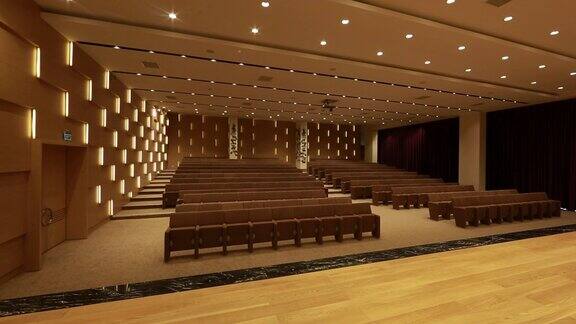 在空无一人的会议大厅里灯开着关着有一排排供观众和观众使用的座位