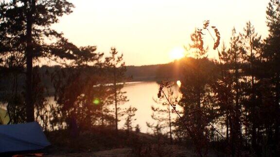 平静的湖面旅游帐篷太阳眩光秋天的风景