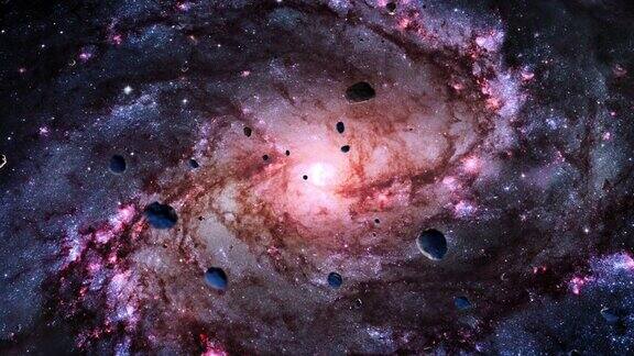 螺旋星系M83中心区域的星系空间飞行探索空间岩石景观通过发光的星云云和恒星场飞行的4K循环动画
