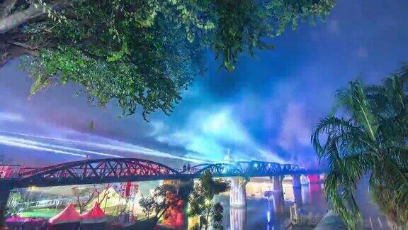泰国北碧府桂河上的二战历史大桥灯光秀时光流逝视频