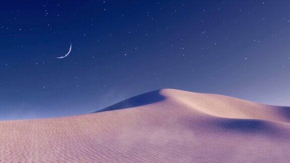 沙漠景观与半月和星星在夜空3D动画
