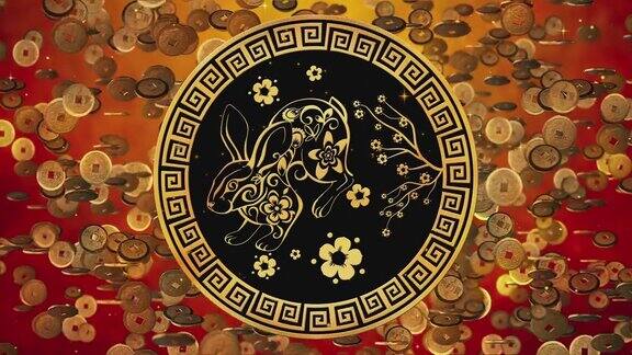 中国春节红色背景与掉落的金币象征财富的新年庆祝活动