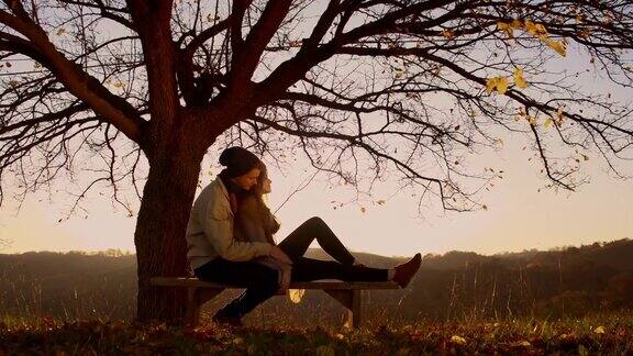 日落时分一对浪漫的情侣坐在树下
