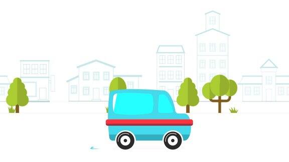 汽车动画背景的城市二维动画移动的城市背景卡通车