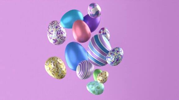 多重彩色和装饰复活节彩蛋流动在紫色背景4K分辨率