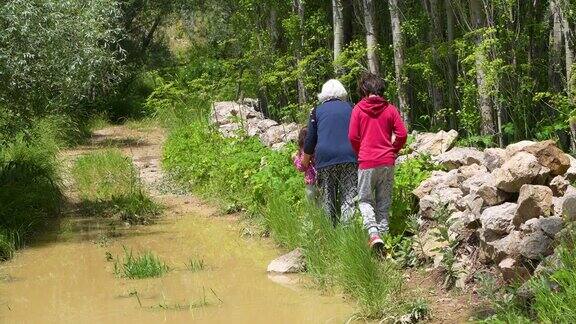 老奶奶带孙子在大自然中徒步旅行的4K视频
