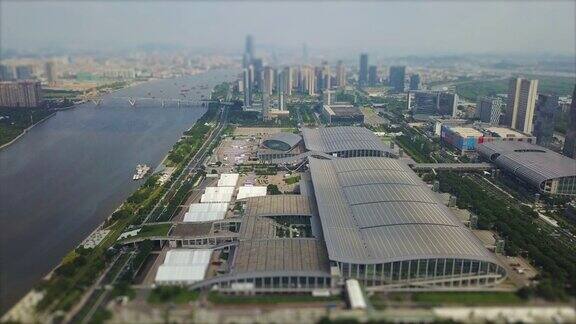 广州会展中心珠江江边天时间航拍全景倾斜4k中国