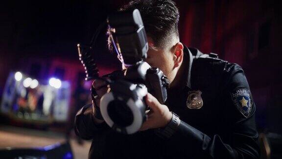 特写镜头:亚裔男警察在夜间犯罪现场拍照职业青年警察实地调查办案拍摄罪犯留下的证据和线索