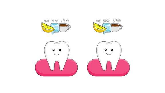 可爱卡通敏感的牙齿和健康的牙齿性格冰酸柠檬和热饮