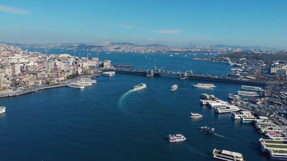 空中伊斯坦布尔加拉塔和博斯普鲁斯股票视频米诺努区欧洲加拉塔加拉塔桥金角-伊斯坦布尔