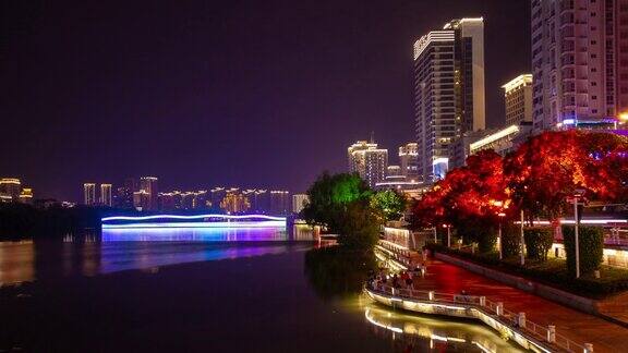 夜晚时间照明三亚市大桥滨江湾全景4k时间推移海南岛中国