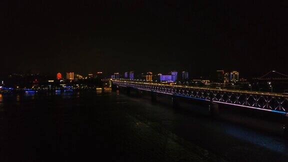 夜光武汉城市交通长江大桥航拍全景4k中国