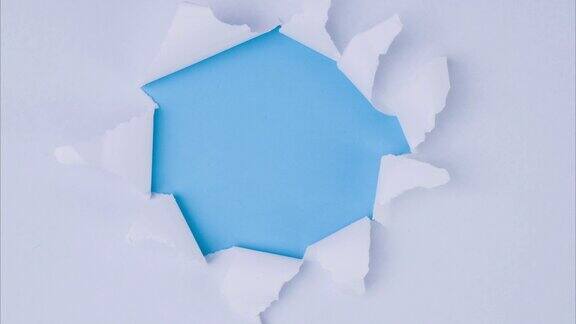 一张纸从中心撕下来露出蓝色背景的4k定格动画