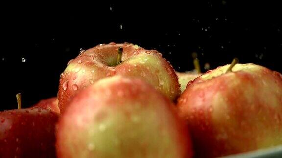 黑色背景下有水滴在苹果上
