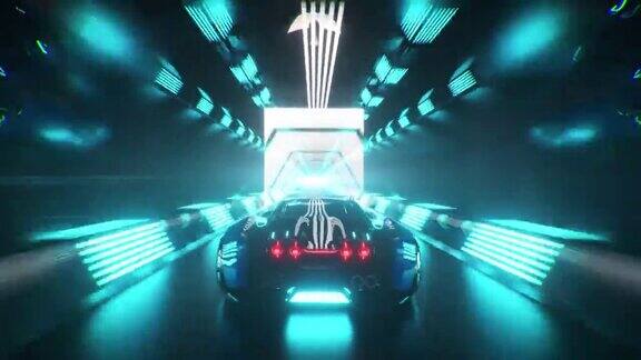 赛车高速行驶在无尽的霓虹灯隧道中3d动画