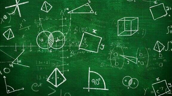 在绿色背景下的数学方程式上的多个几何形状的数字动画