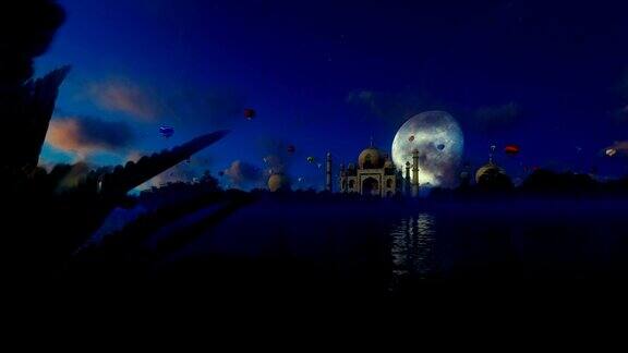 泰姬陵亚穆纳河上的景色热气球在美丽的月亮下飞行淘金
