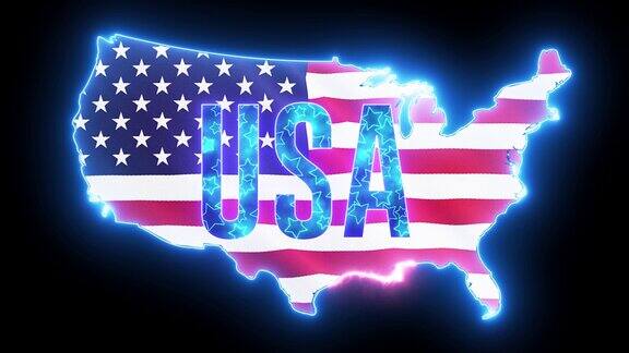 美利坚合众国地图与霓虹灯发光创意动画美国闪亮的轮廓美国地图