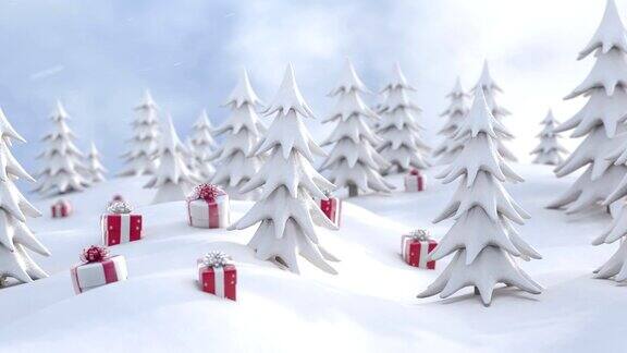 冬天的圣诞背景白雪松树和圣诞礼盒