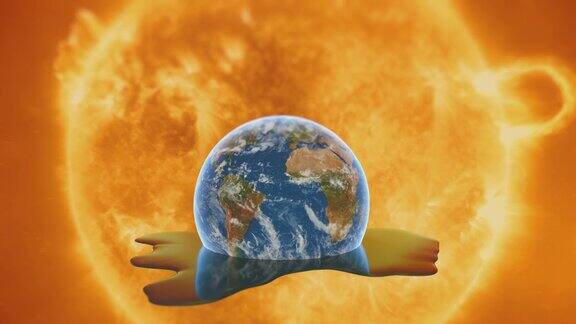 地球融化成水背景是太阳全球变暖象征动画