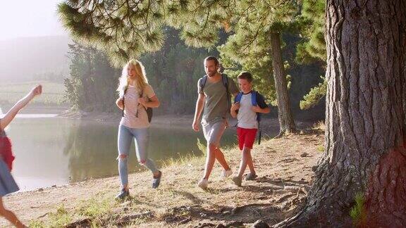 一家人在徒步行走穿过湖边的树林