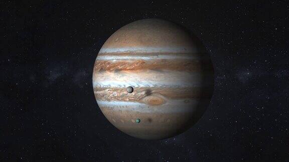 木星-高分辨率的3D镜头旋转的行星木星在太阳系和它的卫星在黑暗的空间