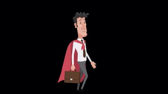 卡通男职员超级英雄人物走在一个公文包和红色斗篷带Alpha通道的动画