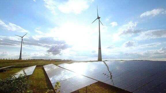 风力涡轮机和现代太阳能电池板在农村