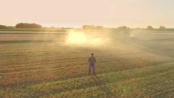 无人机视角的农民看着联合收割机收获阳光明媚田园般的乡村小麦作物慢镜头
