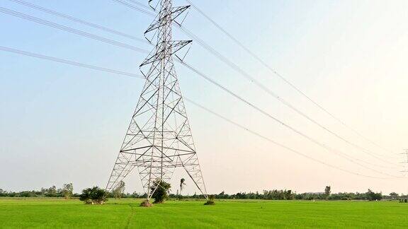 日落时分乡间稻田上的高压电线杆、输电塔