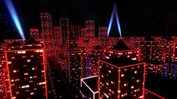 霓虹城市飞过城市摩天大楼发光电脑tron矩阵4k