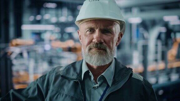 汽车厂办公室:白种男性工程师的肖像戴着安全安全帽看着相机微笑自动化机械臂装配线的技术人员特写镜头