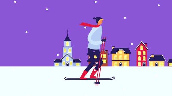 年轻人在雪景中滑雪